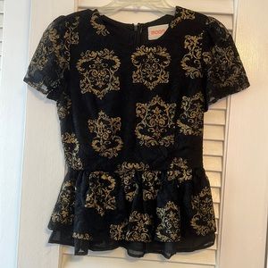 Women’s Black Peplum Top with Gold and Lace Detail